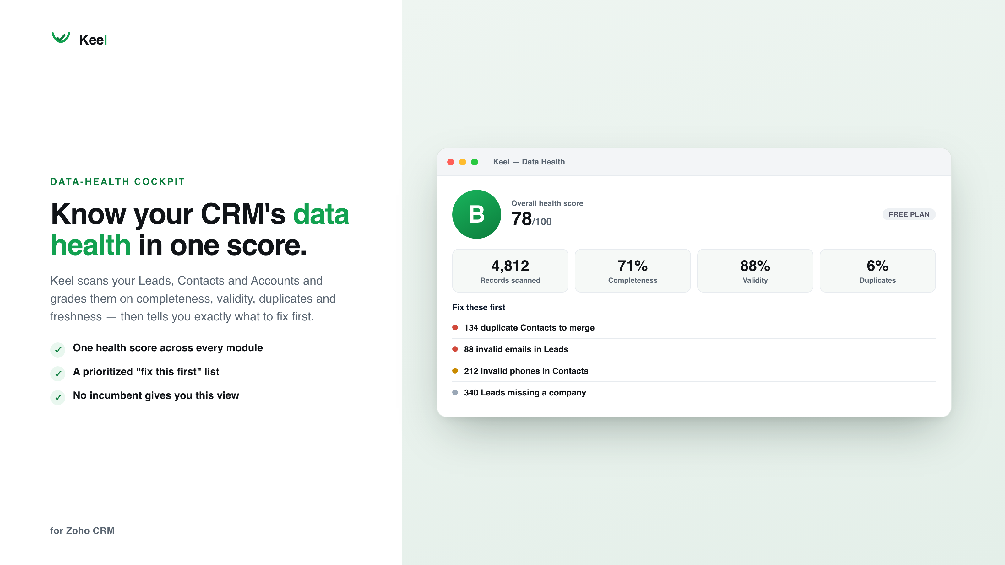 Keel data-health dashboard for Zoho CRM